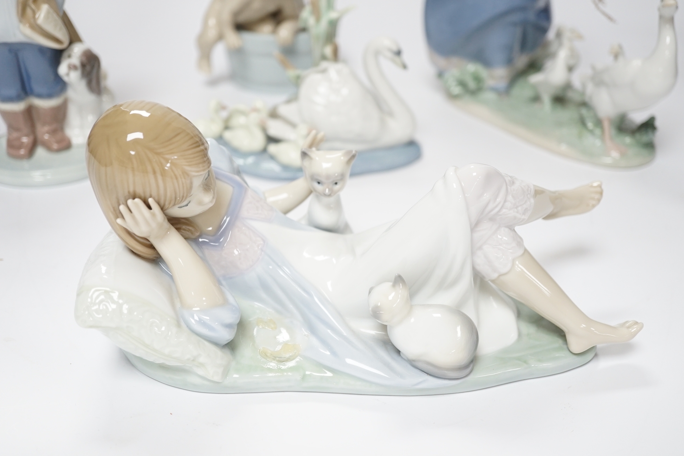 Five Lladro figure groups, Follow Me, Hurry Up, Bathtime, Interrupted Nap and another, four boxed